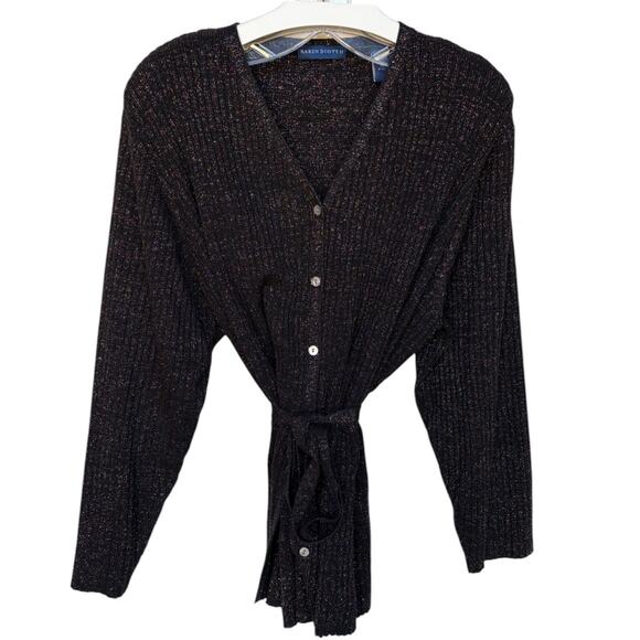 Karen Scott II Black Cardigan with Rainbow Metallic Threads and Belt size 3X - Picture 4 of 10